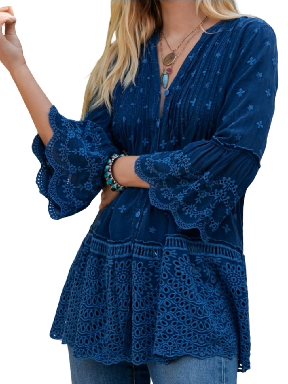 Johnny Was Women’s Size S Blue Indigo Manchengo Embroidered V-Neck Tunic Top